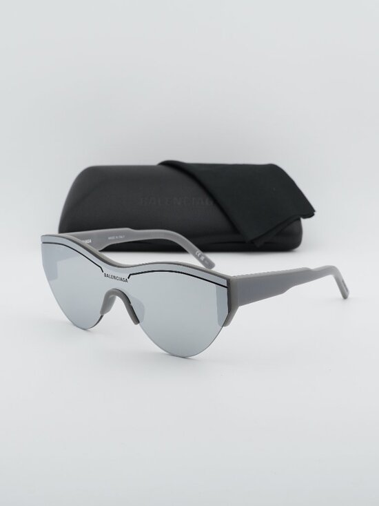 Balenciaga BB0004S 012 Shield Semi Rim Sunglasses - Grey / Silver Mirror